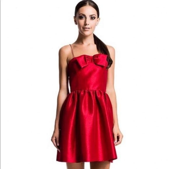 CeCe Dresses & Skirts - CeCe By Cynthia Steffe NEW Red Satin Pleated Full Bow Fit Flare A Line Dress